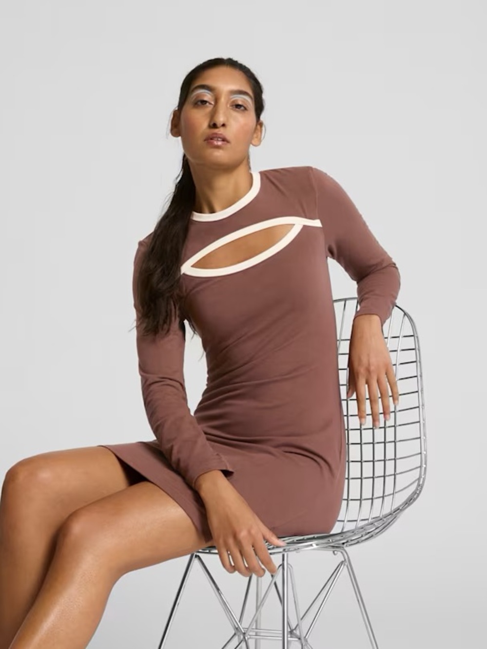 Puma HER brown long sleeve cream trim cotton bodycon dress chest opening detail